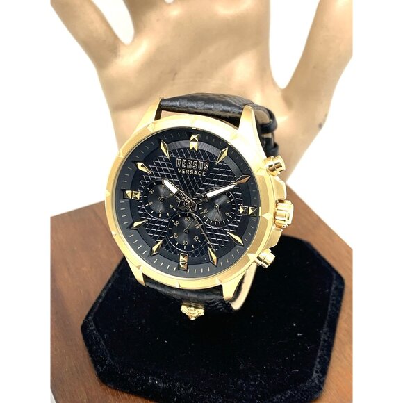 Versus by Versace Men's Watch VSPBH7221 Quartz Gold Black Leather Band 45mm - Picture 1 of 16